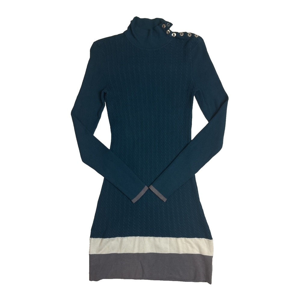 Guess Y2K Teal Mock Neck Cable Knit Dress Shoulder Buttons Women's Size Large